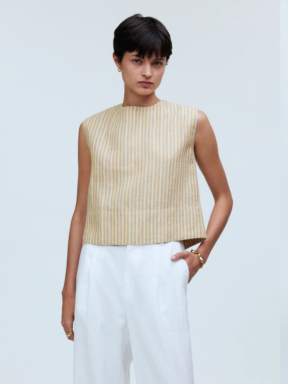 Madewell French Vanilla Bateau-Neck Linen Tank with Back Buttons Size M